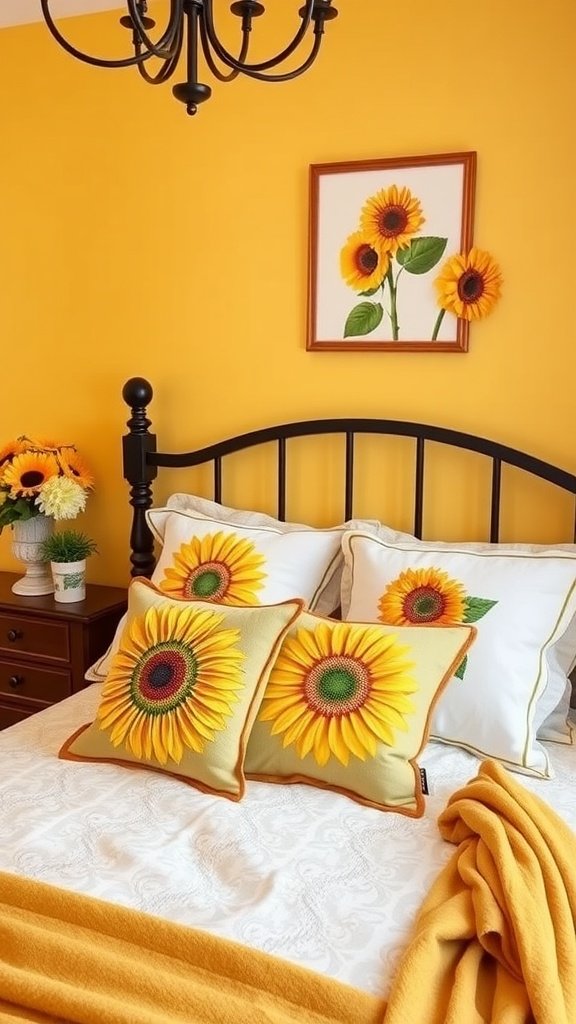 A bright yellow bedroom featuring sunflower decor, including pillows and a vase of sunflowers.