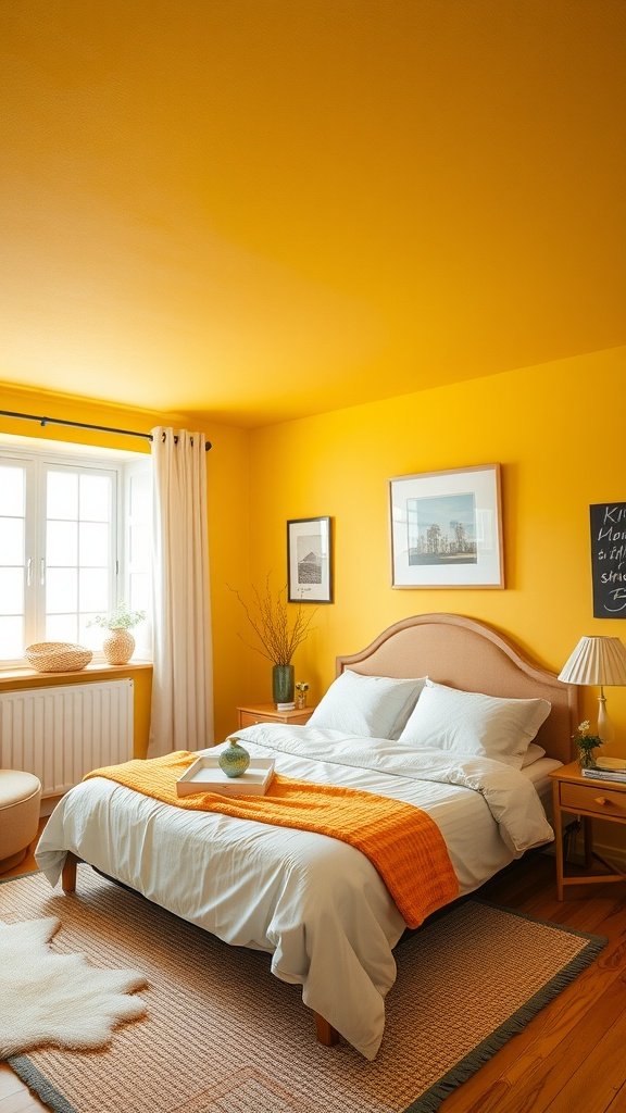 A bright yellow ceiling in a cozy bedroom with light bedding and warm accents.