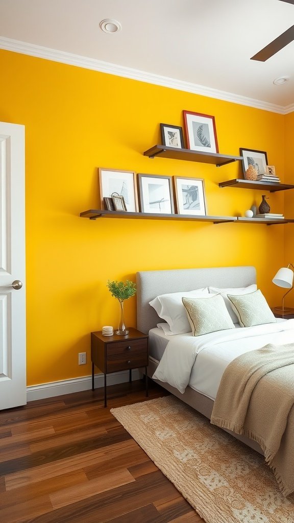 A bright yellow accent wall in a cozy bedroom with shelves displaying art, a comfortable bed, and warm wooden flooring.
