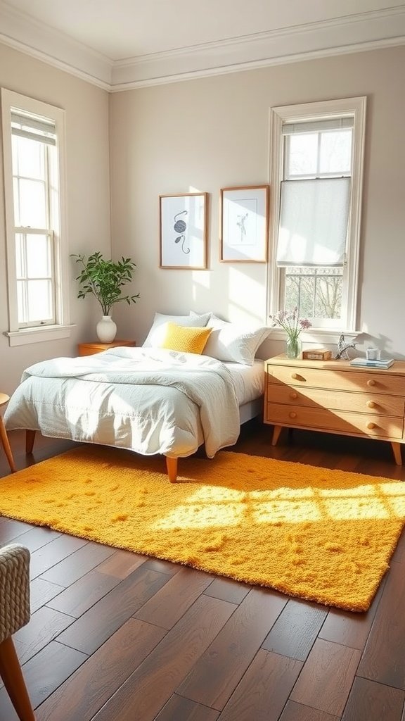 A bright yellow rug in a sunny bedroom with light walls and wooden furniture.