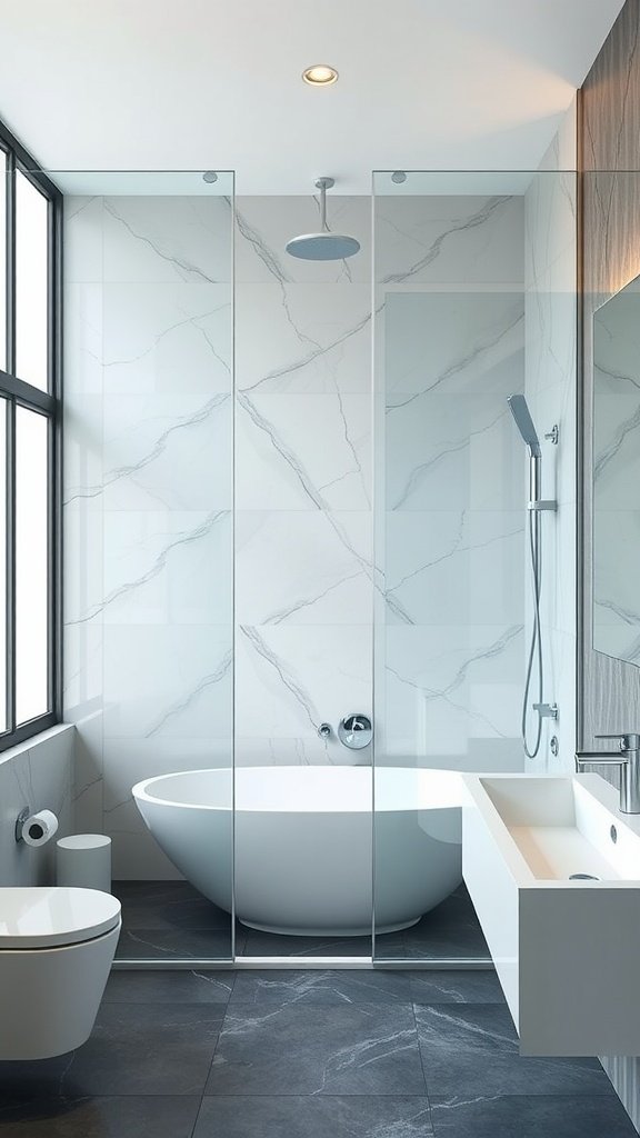 Modern bathroom with glass shower partitions, marble walls, and a sleek bathtub