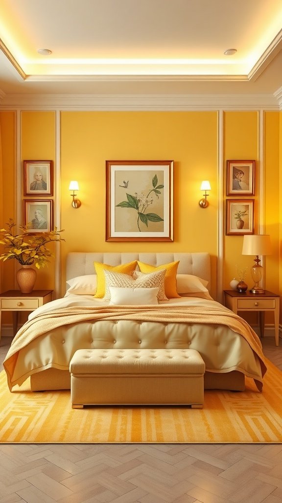 A cozy yellow bedroom featuring a bed with golden yellow accessories, warm lighting, and framed artwork.