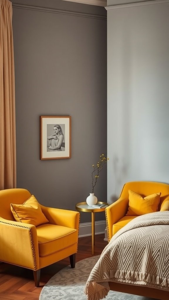Cozy bedroom corner with honey yellow accent chairs and a small side table