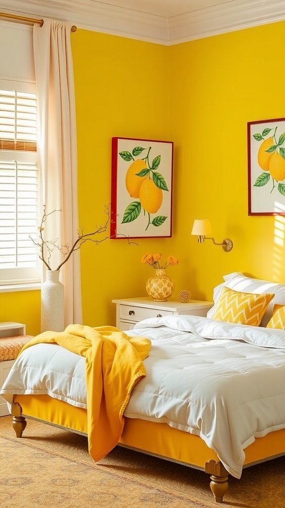 A vibrant yellow bedroom featuring lemon-themed artwork and cozy bedding.