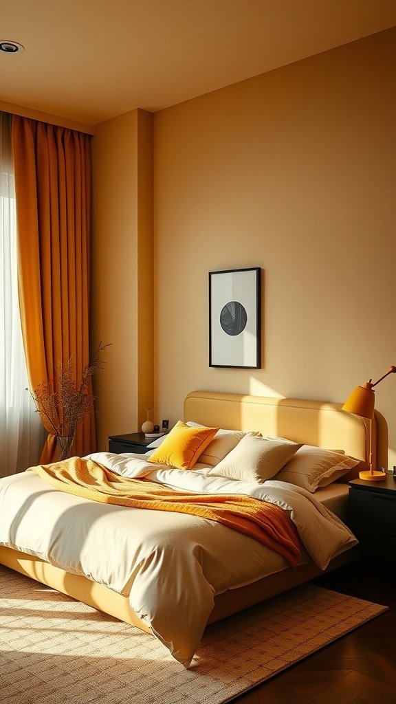 A cozy yellow bedroom with warm lighting fixtures, soft bedding, and a serene atmosphere.