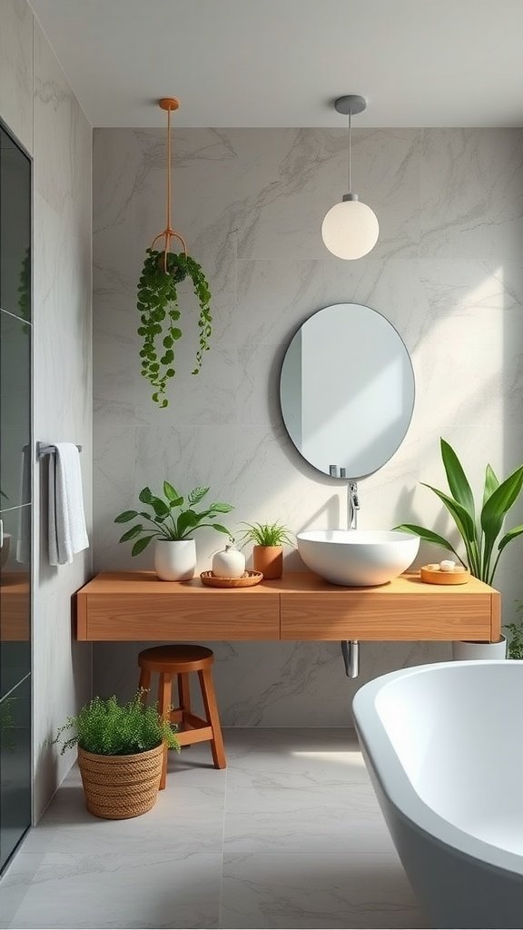 A modern bathroom featuring a wooden vanity, greenery, and minimalistic design.