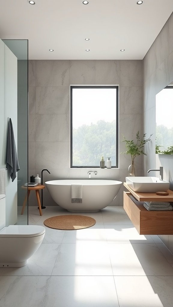 A modern, open concept bathroom with a freestanding tub, natural light, and minimalist decor.