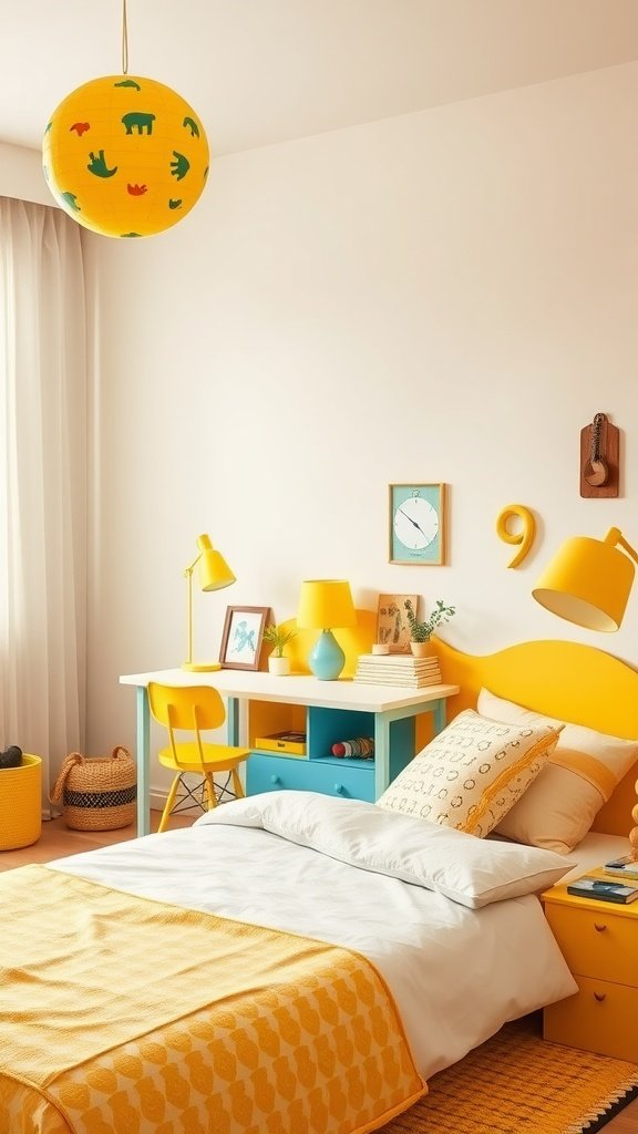 Bright yellow kids' bedroom with playful accents including a yellow headboard, patterned bedding, and colorful desk.