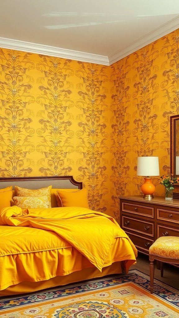 A bright yellow bedroom featuring floral wallpaper, matching bedding, and wooden furniture.