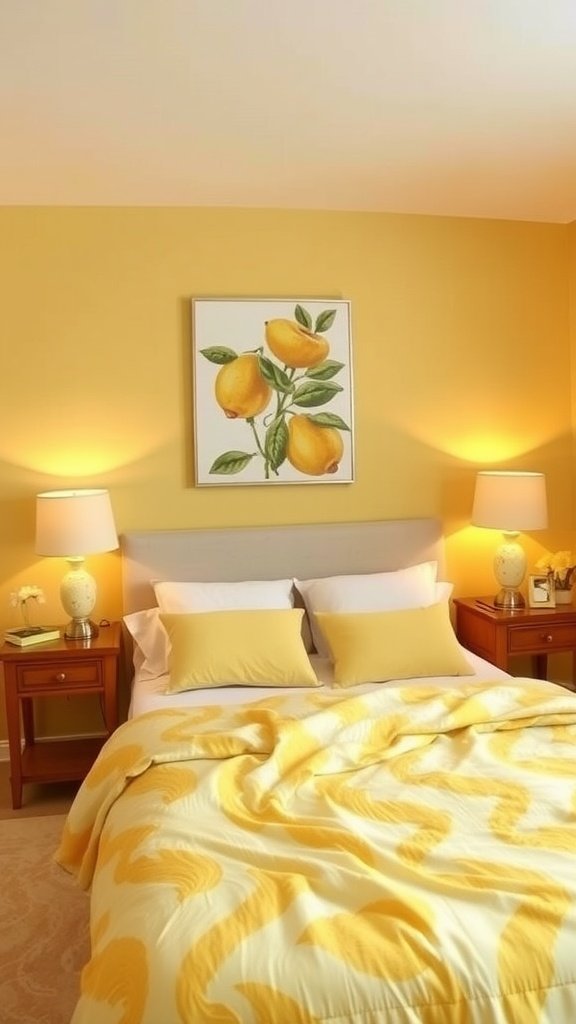 A cozy yellow bedroom with lemon-themed decor, featuring a lemon painting, yellow patterned bedding, and soft lighting.