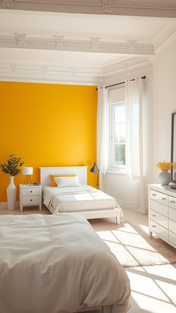 A bright bedroom featuring a sunny yellow accent wall, white furniture, and plenty of natural light.