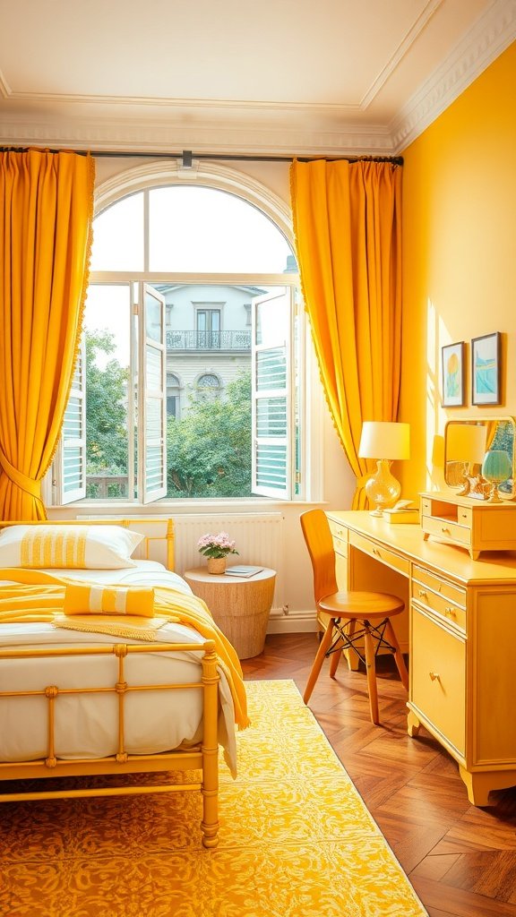 Bright yellow bedroom featuring accent furniture and decor.