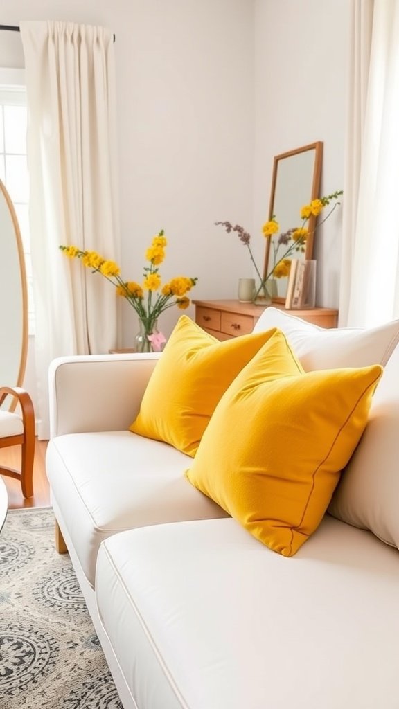 A cozy white sofa with vibrant yellow throw pillows, brightening the room with cheerful decor.