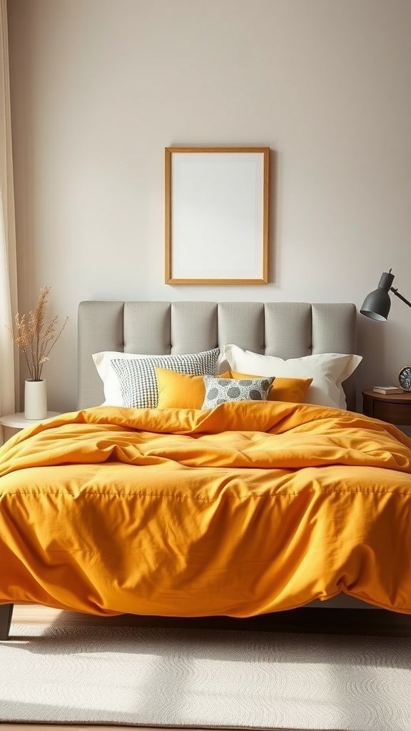 Cozy yellow bedroom with warm mustard bedding and decorative pillows.
