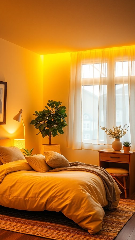A cozy yellow bedroom featuring warm lighting and a plant beside the bed
