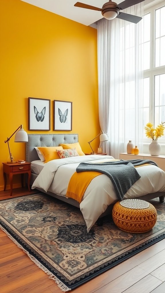 A bright yellow bedroom featuring gray bedding, butterfly artwork, and a patterned rug.