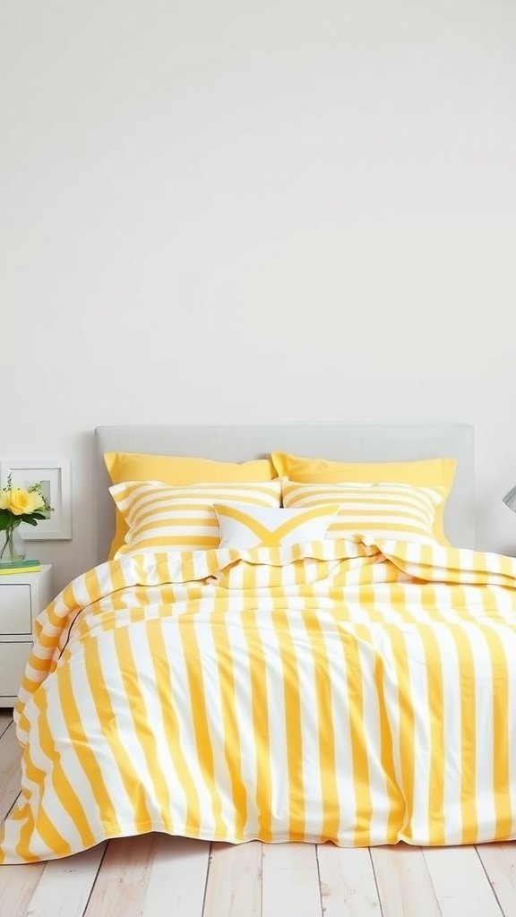 A yellow and white striped bedding set on a bed with a light gray headboard