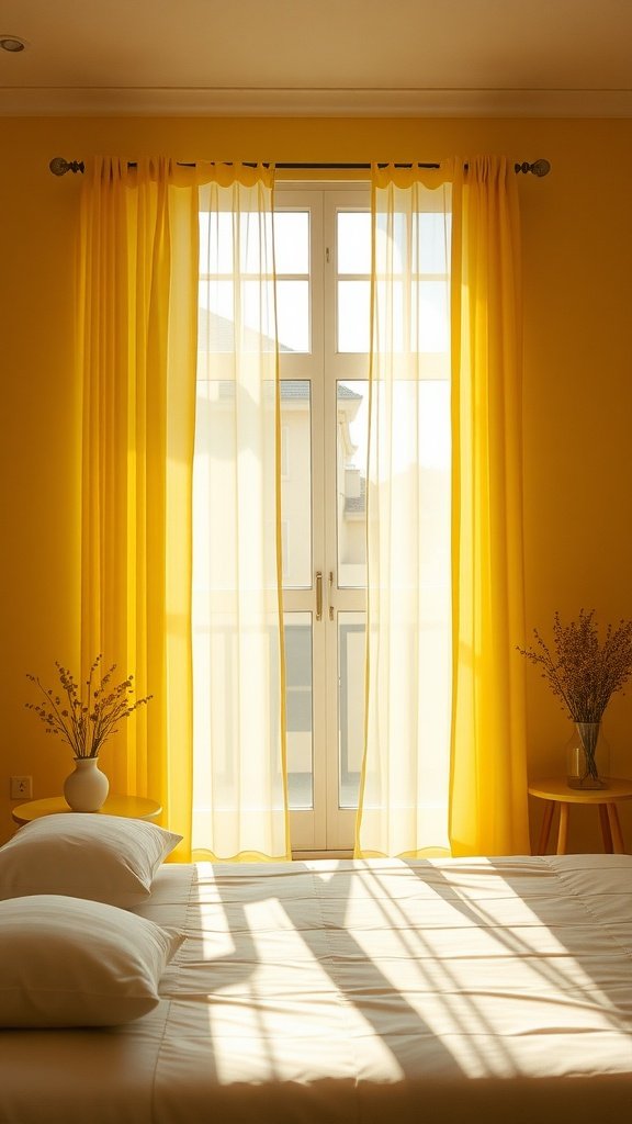A brightly lit bedroom with yellow curtains allowing soft light to filter in.