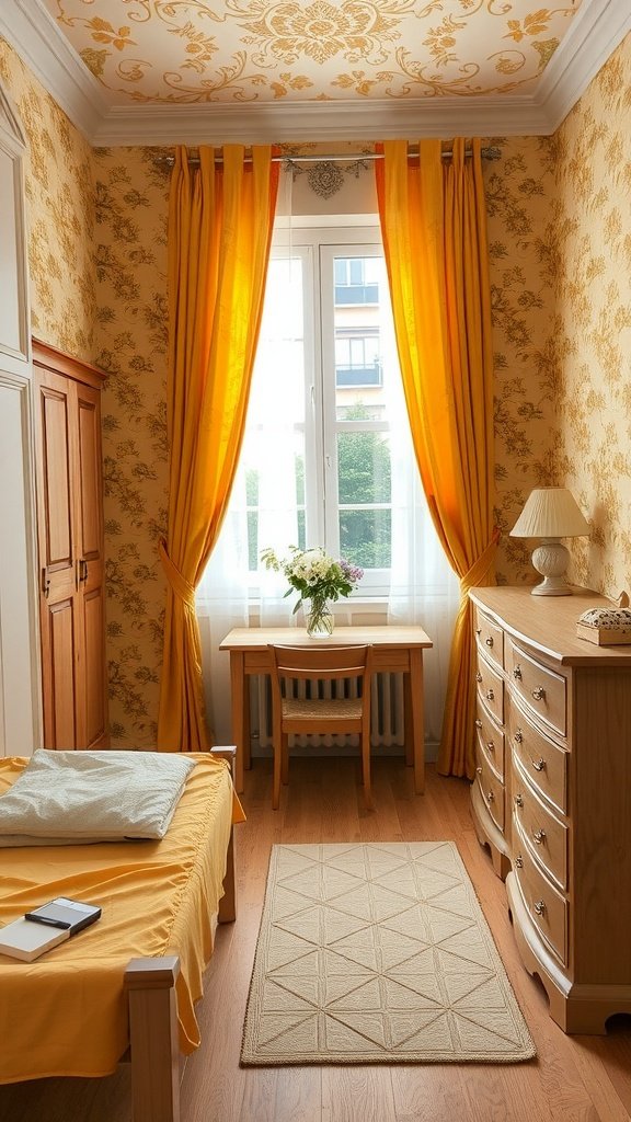 A bright yellow bedroom featuring floral patterns on the walls and curtains, with wooden furniture and warm lighting.