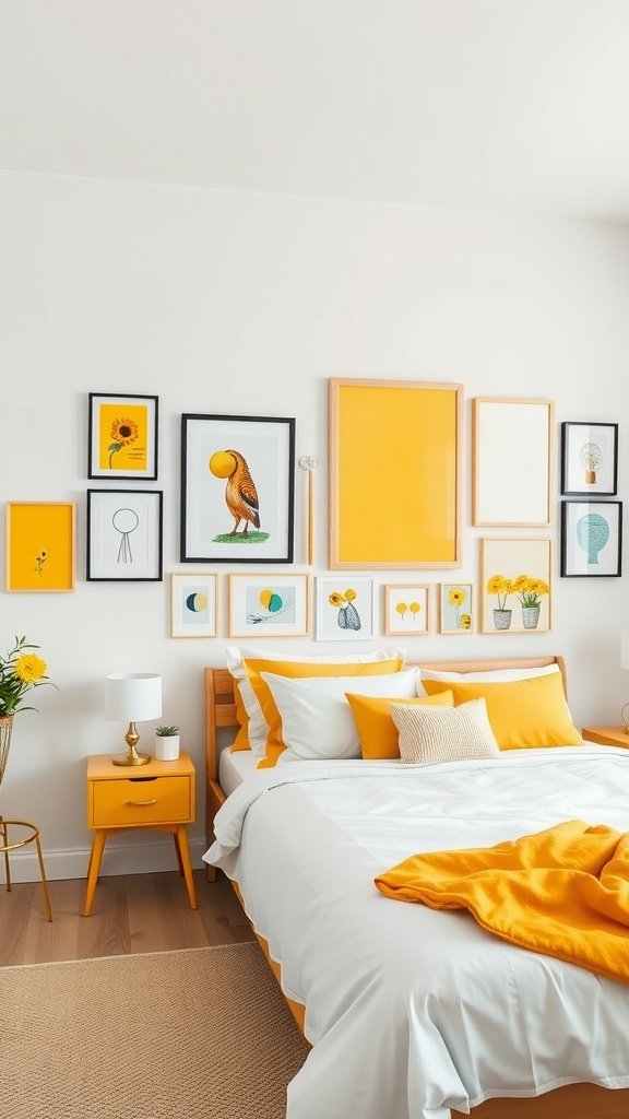 A bright yellow-themed bedroom featuring a gallery wall with various framed artworks.