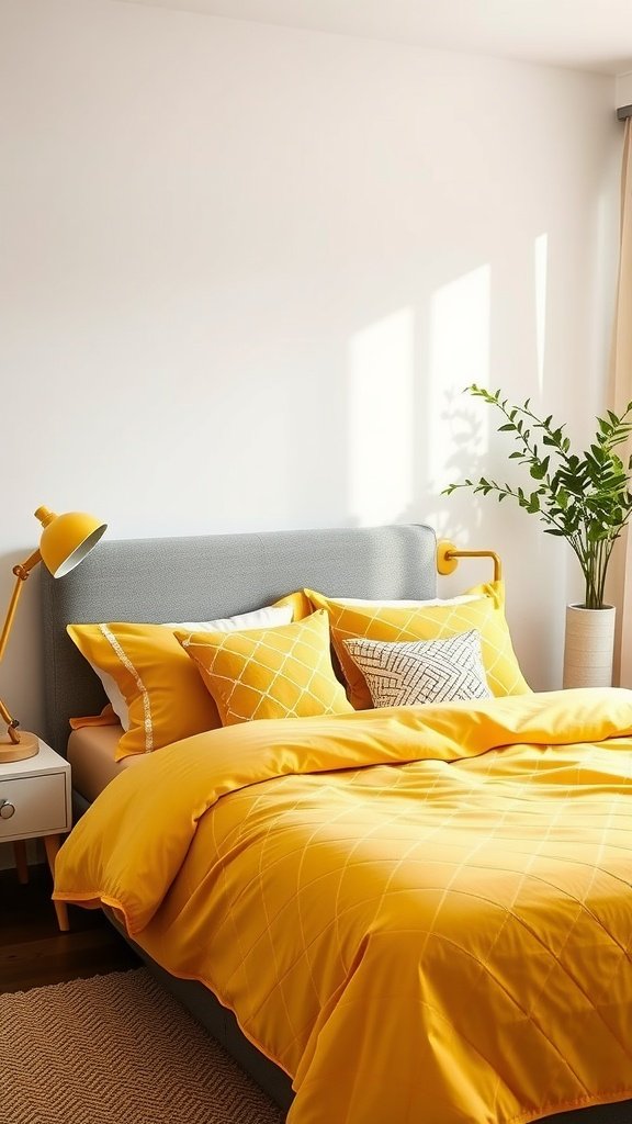 A cozy yellow bedroom featuring geometric patterns on the bedding and accent pillows