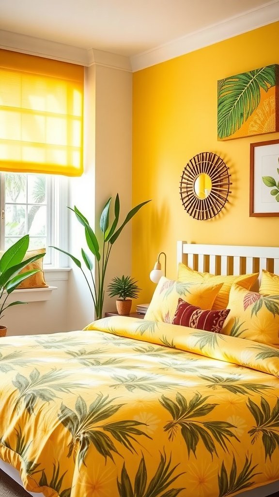 A bright yellow bedroom featuring tropical prints on bedding and decor.