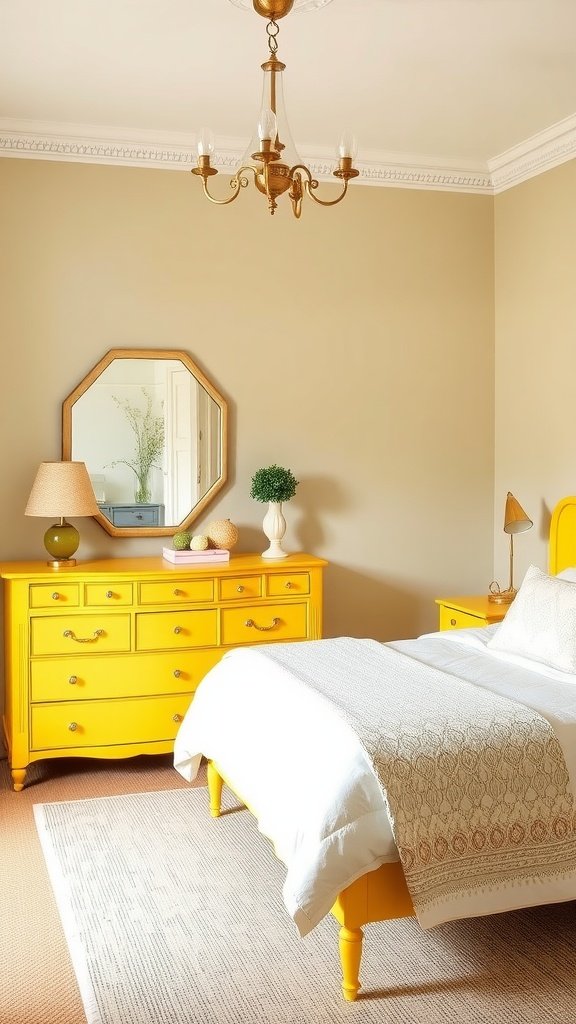 A cozy bedroom featuring yellow vintage furniture, including a dresser and bedside table, with neutral walls and soft decor.