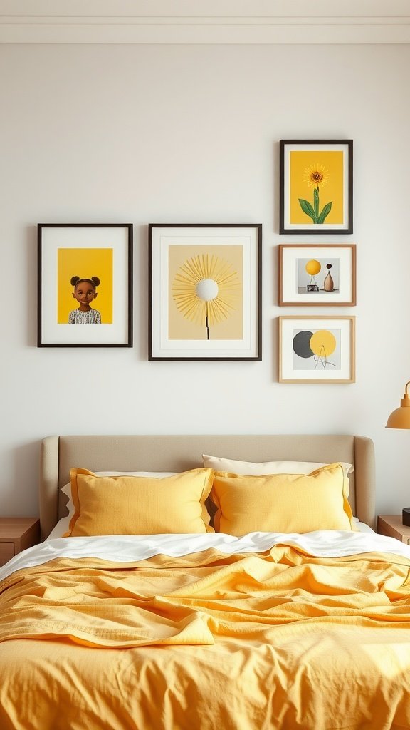 A cozy yellow-themed bedroom featuring framed wall art in various styles.