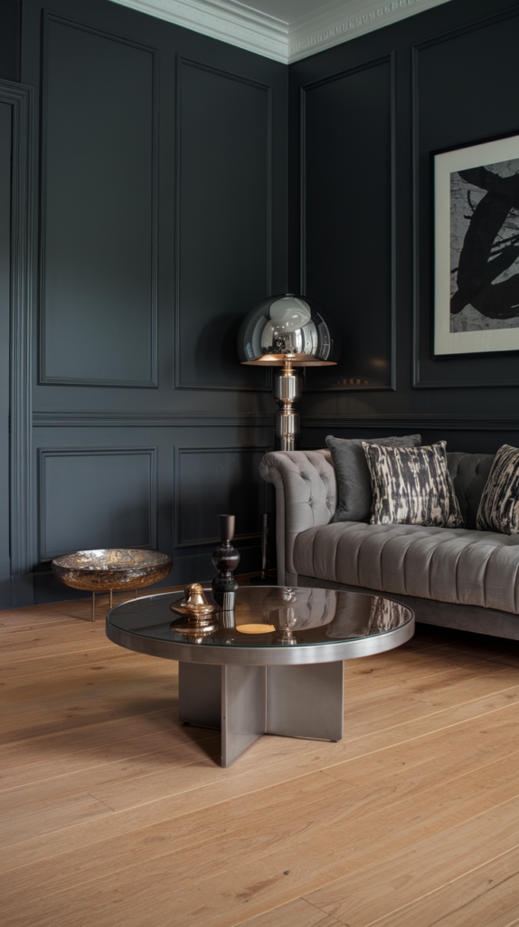 A sophisticated grey living room featuring a grey sofa, metallic accents, and a stylish coffee table.