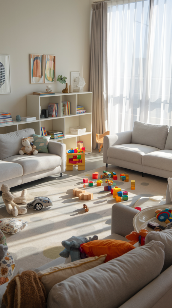 A child-friendly grey living room with light grey sofas, colorful toys, and natural light coming in.