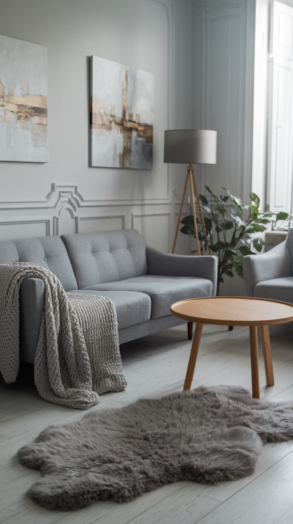 Cozy living room with a grey sofa, knitted blanket, and fluffy rug