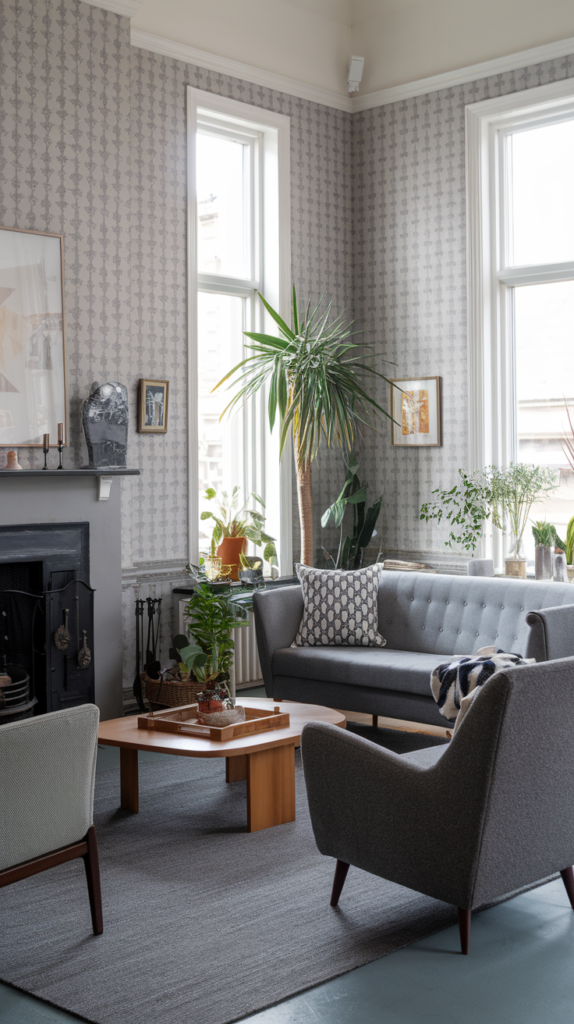 A cozy grey living room featuring patterned wallpaper, a fireplace, modern furniture, and decorative plants.