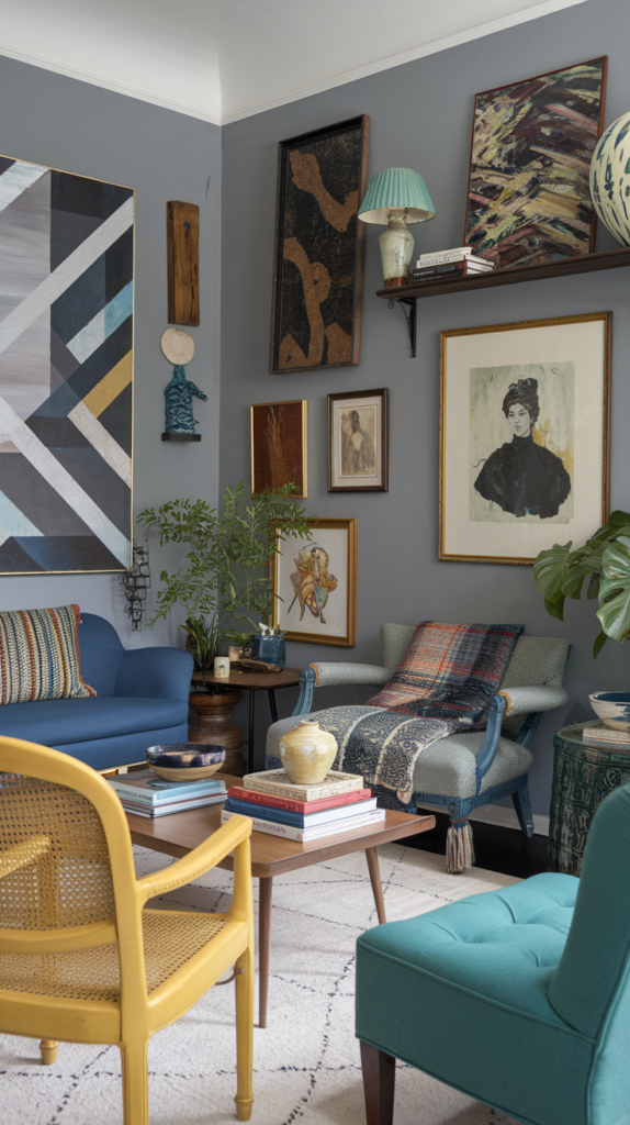 A cozy living room featuring grey walls, eclectic art pieces, and colorful furniture