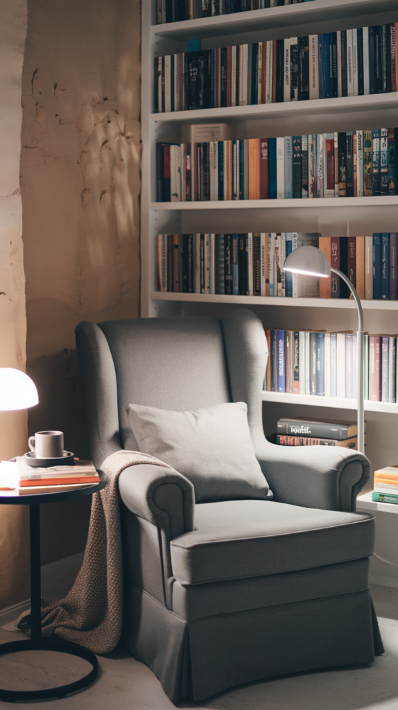 A cozy reading nook featuring a grey armchair, soft lighting, and a bookshelf filled with books