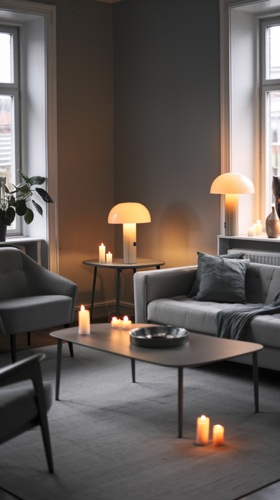 A cozy grey living room featuring layered lighting with lamps and candles.