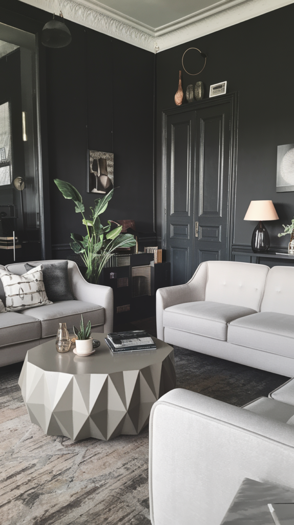 A grey living room with light grey furniture contrasting against dark walls, featuring a stylish coffee table and decorative elements.