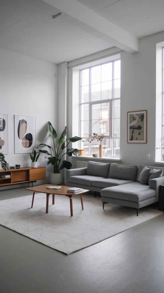 A modern minimalist grey living room featuring a grey sofa, wooden coffee table, and large windows.