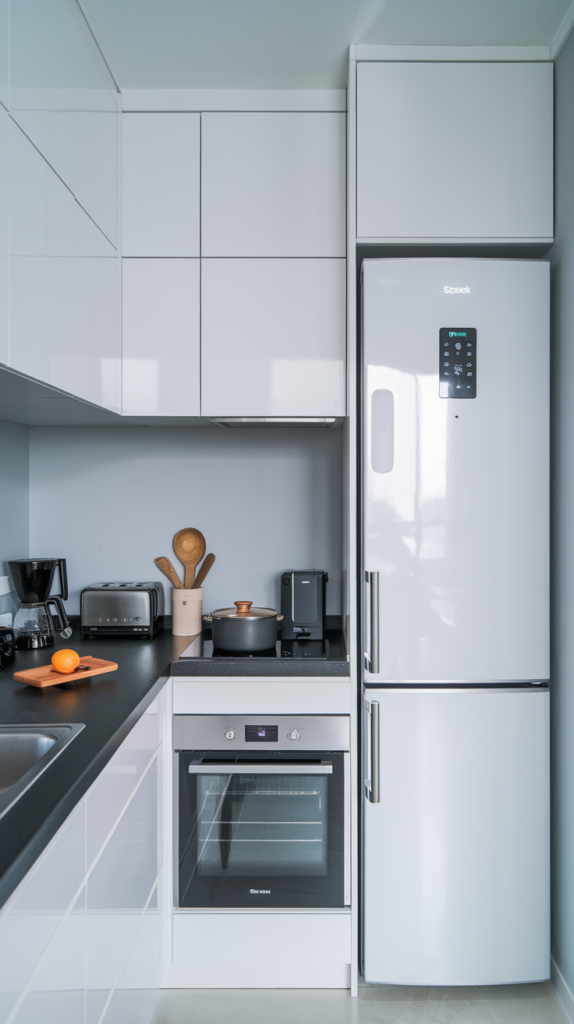 A modern small kitchen featuring a sleek design with white cabinetry, a smart refrigerator, and a compact oven.