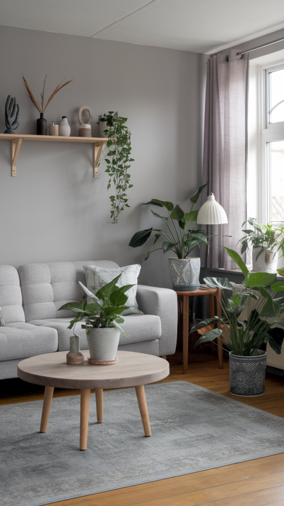 A nature-inspired grey living room featuring a light grey wall, a cozy grey sofa, a round wooden coffee table, and various indoor plants in stylish pots.