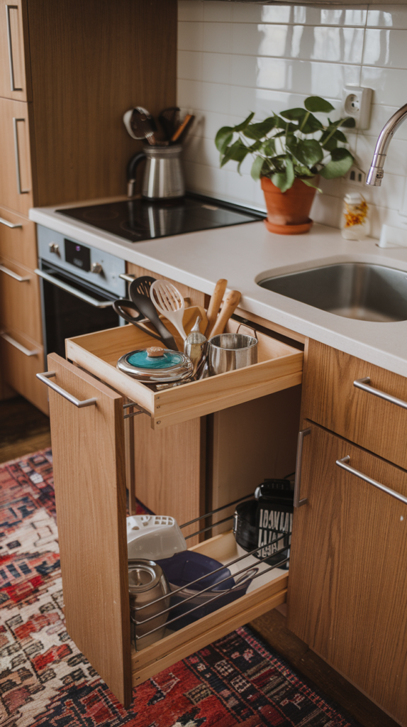 A small kitchen with wooden cabinets and a sink, showcasing pull-out storage solutions.