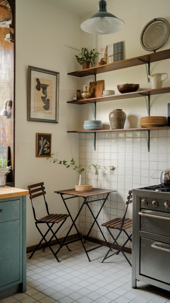 A small kitchen with art on the walls, open shelves, and a cozy dining nook.