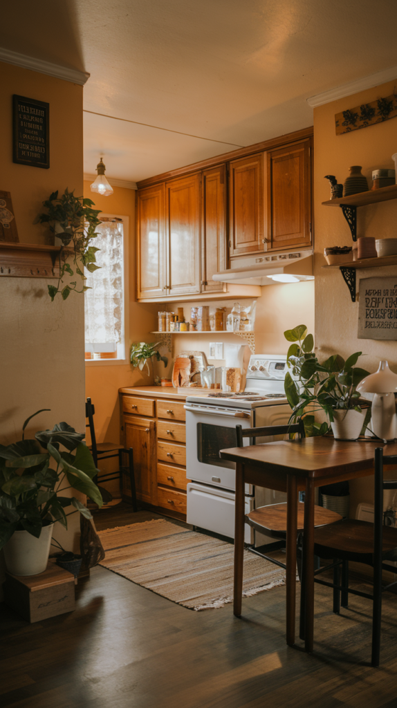 Cozy small kitchen with warm lighting and wooden cabinets.