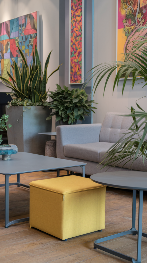 A stylish grey living room featuring a yellow ottoman, colorful artwork, and plants.