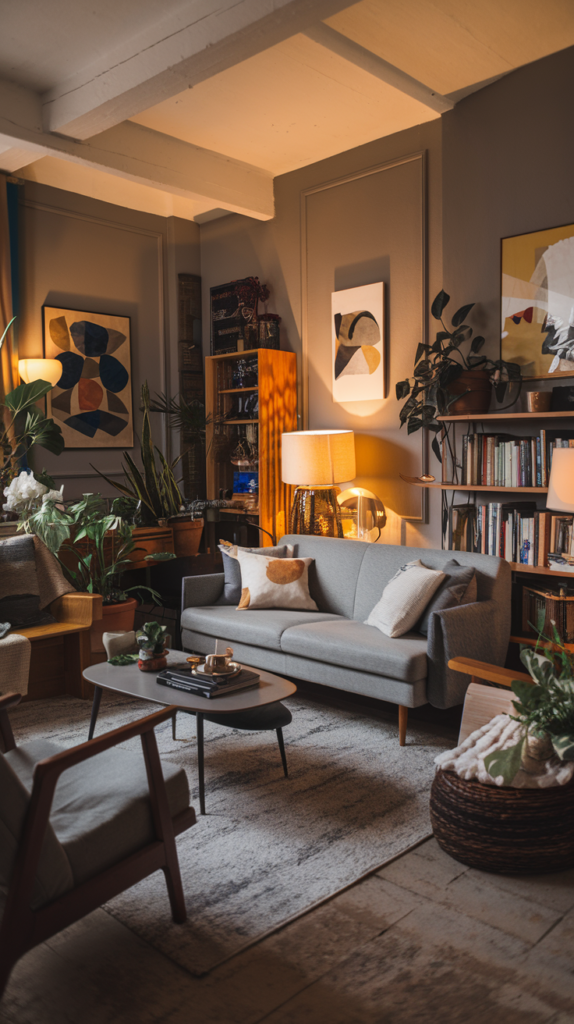 A stylish grey living room featuring a grey sofa, wooden furniture, and a cozy rug.