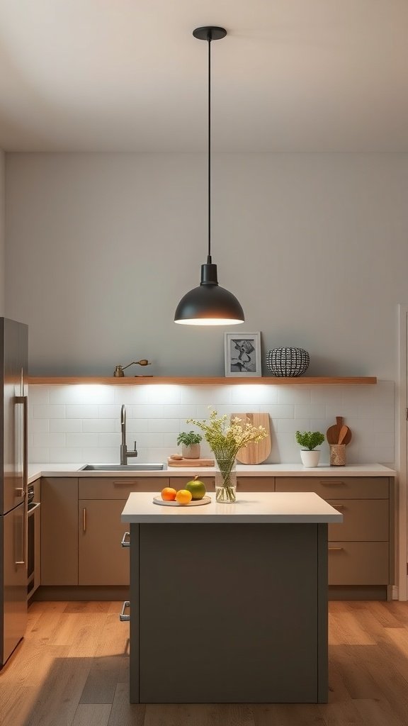 A modern kitchen with a black pendant light over the island, showcasing a minimalist design.
