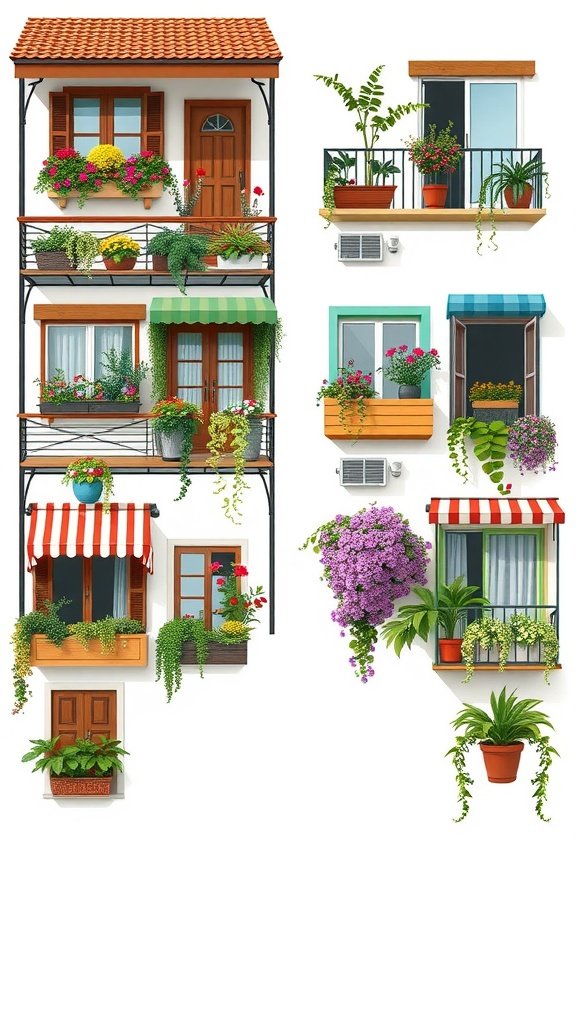 A colorful illustration of various balcony gardens showcasing different plants and designs.
