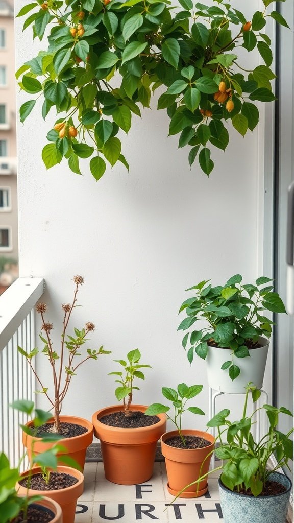 A small balcony garden with various potted plants including leafy greens and a flowering hanging plant.
