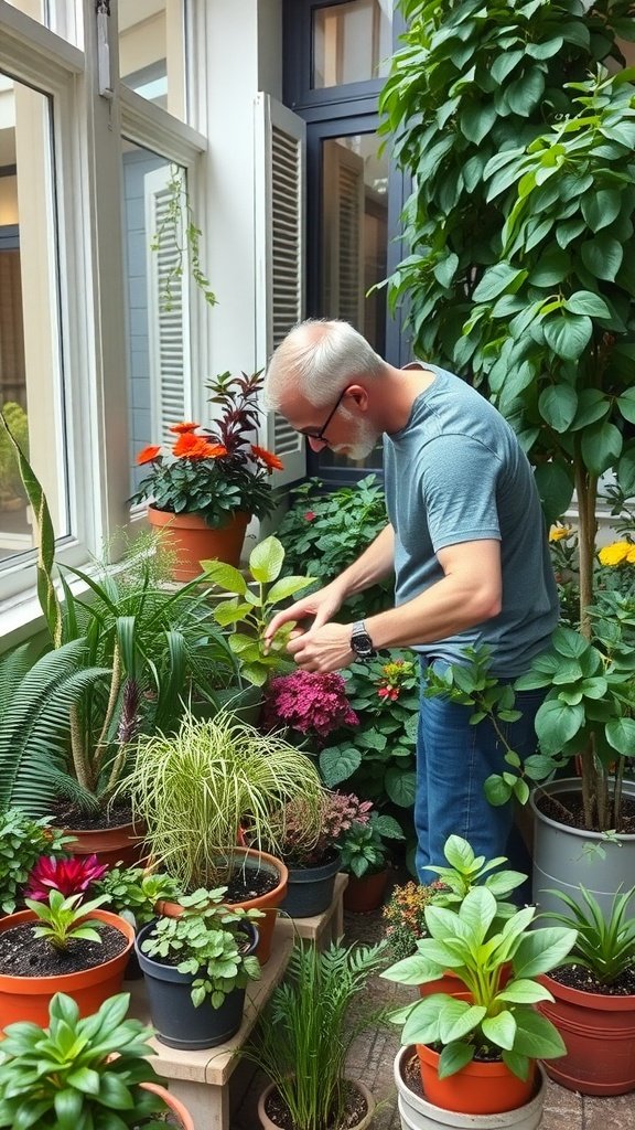 A person tending to a small balcony garden filled with potted plants.