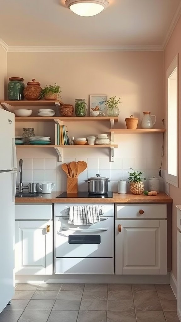 A small kitchen with light-colored walls, open shelving, and wooden accents, showcasing a bright and airy atmosphere.