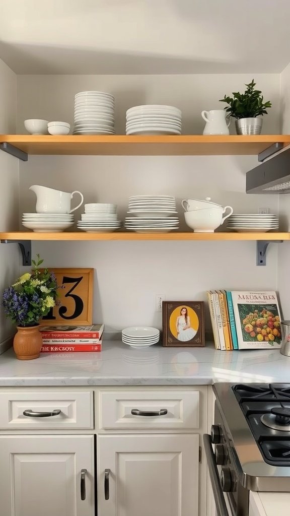 Open shelving in a small kitchen displaying white plates, a plant, and cookbooks.